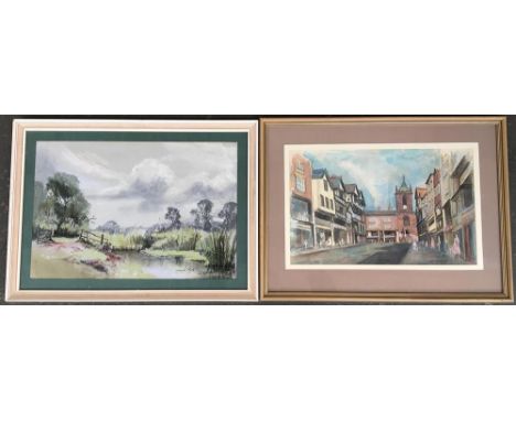 R Russell, Street scene possibly Shropshire, gouache, signed lower right, 30x48cm; together with Claud Kite, river scene, pas