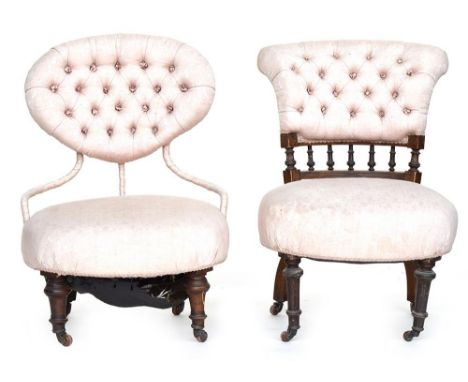 A Victorian upholstered nursing chair with button back, together with another similar with spindle backProvenance: from the e