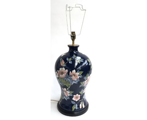 A large Chinese style ceramic table lamp, birds of paradise and blossom on blue ground, 40cmH