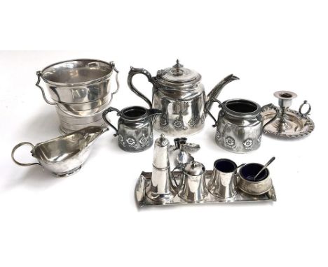 A small quantity of EPNS to include a Wearwell tea service, an ice bucket, salts, etc 