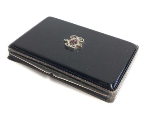 An engine turned silver lady's card case with red and white stones to top 