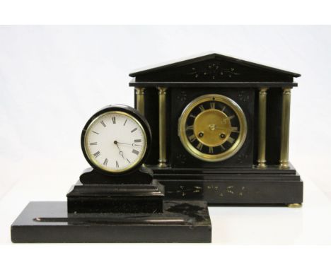 Slate Mantle Clock with Roman building design plus another ebonized wooden frame circular Mantle Clock with Slate base &amp; 