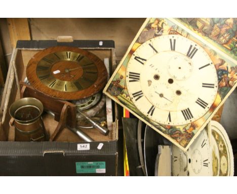 Three antique long case clock faces, together with others similar, a marble bracket clock etc