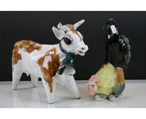 Karl Ens ceramic model of a Cockerel plus a Continental ceramic Cow with Bell around it's neck, cockerel approx 23cm tall