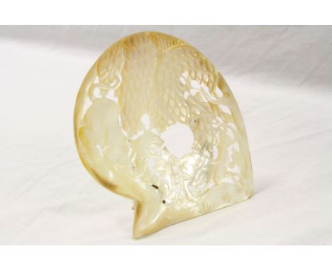 Mother of Pearl Shell carved and pierced with a scene of a Tiger chasing a Deer, with an easel back, 19cms high 