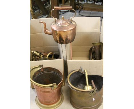 Two boxes of mixed Copper &amp; Brassware to include; Kettles, Bugle, Spit Roasts, Coal Buckets, Cherub Plaque etc