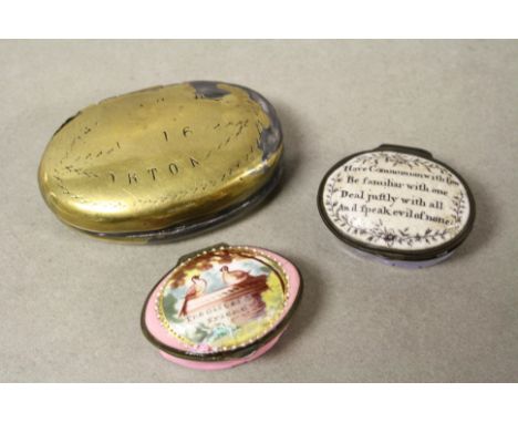 Two Georgian Enamel Pill Boxes ' The Gift of a Friend ' and ' Have Communion with few .... ' together with Antique Brass Snuf