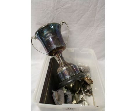 Box of mixed vintage Silver plate to include Cutlery, twin handled Trophy, boxed Fish serving knife &amp; fork with Ivory han