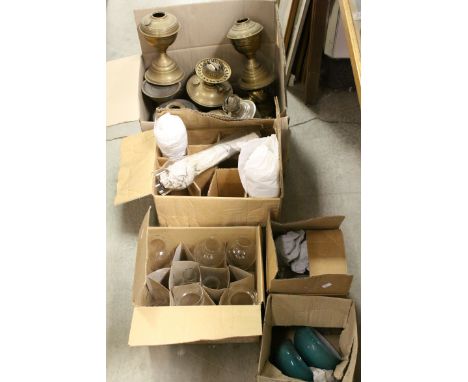 Large collection of vintage Oil Lamp parts to include Shades, Funnels &amp; mainly Brass Lamps