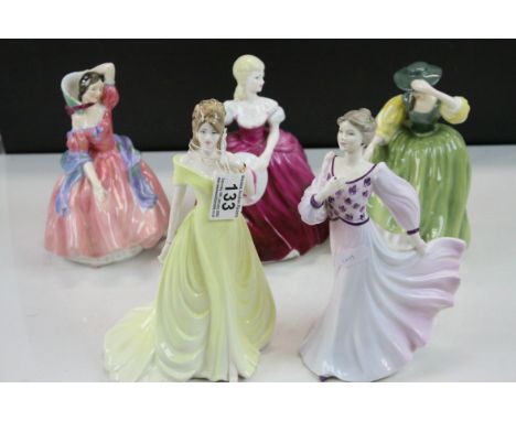 Five ceramic Figurines to include; Royal Doulton "Maytime" HN2113, "Buttercup" HN2309, Coalport "Ladies of Fashion Susan", "E