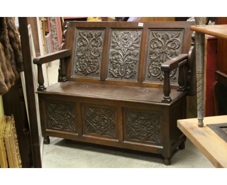Oak Monk's Bench with Carved Panels and Hinged Lid to Box Seat, 119cms wide
