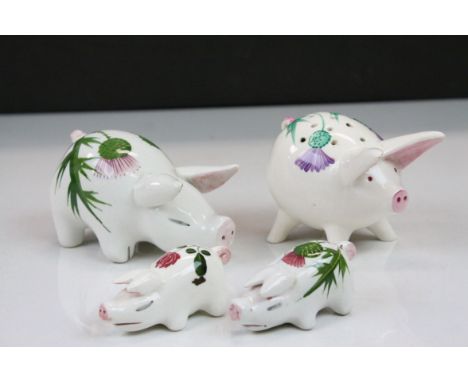Four Plichta ceramic Pigs with hand painted Thistle designs to include a Pomander approx 10cm long