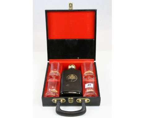 Retro Black Case fitted with a set of Four Dartington Glass Whiskey Tumblers and a Whiskey Decanter / Bottle