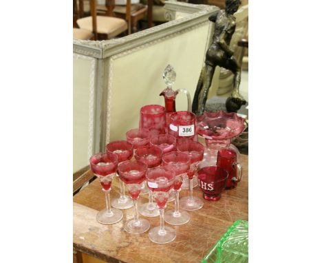 Collection of 19th Century Cranberry glass to include a Caraffe style Decanter, flared vase, Drinking Glasses with etched Gra