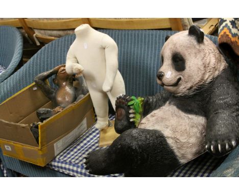Collection of contemporary monkey figures, a similar panda and a child shop mannequin
