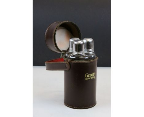 Grants's Scotch Whiskey Three Glass Whiskey Flask Set contained within a Circular Leather Case