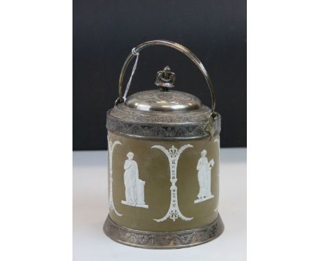 19th Century Jasper ware Biscuit Barrel with Silver plated mounts, lid and swing handle, stands approx 20cm to the top of the