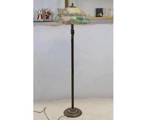 Bronzed effect standard lamp with painted glass shade