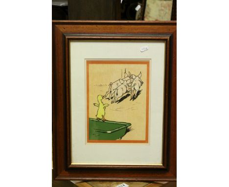 Cecil Aldin early 20th century print illustration of duckling and pigs, bearing signature