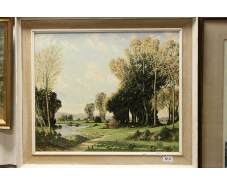 R Jolly, 20th Century oil on canvas, figures in a lakeland setting, signed. approx 51cm x 60cm