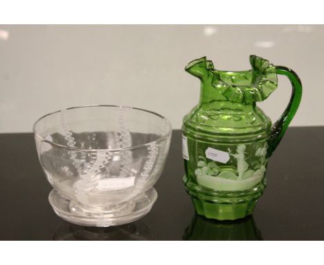 Mary Gregory style Victorian glass jug together with a hand blown bowl and dish