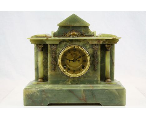 19th Century Green Onyx Mantle Clock with "Ansonia Clock Co USA" movement and visible escapement, measures approx 39 x 35 x 1