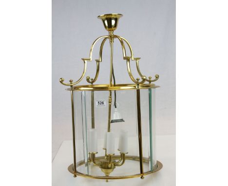 Antique Style Gilt Metal Hanging Hall Lantern with Bevelled Glass Panels, 70cms high