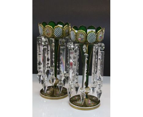 Pair of 19th Century Bohemian green cut Glass Lustres with hand painted Floral panels, Enamel &amp; Gilt decoration and large