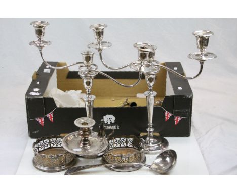 Pair of good quality silver plated three branch candlesticks, pair of silver plated bottle stands, Walker &amp; Hall ladle, c