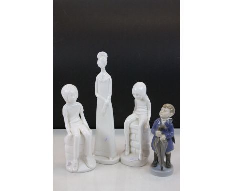 Three blanc de chine type Spode figurines by Pauline Shone plus a Royal Copenhagen figure of a Boy with Umbrella numbered 452