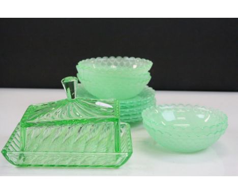 Bagley Uranium glass fish scale pattern 3067 glass fruit set, comprising five bowls and six small plates, in production from 