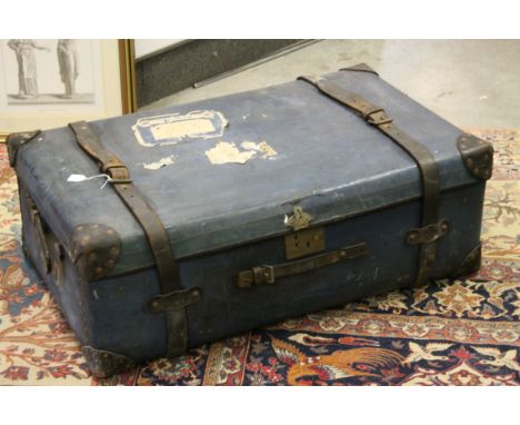 Mid 20th century Blue Suitcase with Leather Mounts and Straps together with a Wooden and Canvas Covered Travelling Trunk with