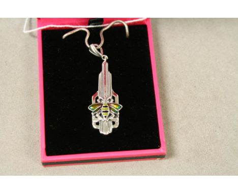 Silver Art Deco style enamel set bee pendant necklace, cased
