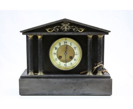 19th Century Slate Mantle Clock with pendulum &amp; a Classical Roman building design, measures approx 32 x 26.5 x 15.5cm