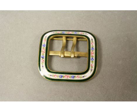 Early 20th century Gilt Metal Enamel Belt Buckle decorated with Floral Garlands, 6.6cms x 6.5cms