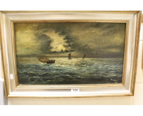Gilt framed Oil on canvas depicting a Seascape with Fishermen at work, signed bottom right &amp; dated 1901, image approx 29 