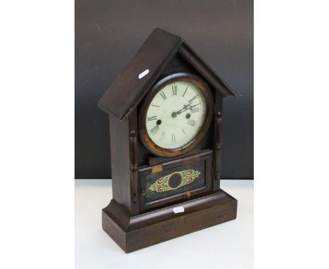 19th century Wooden Steeple Cased Mantle Clock, with label to interior ' Patented Aug 30th 1870 Dexter '