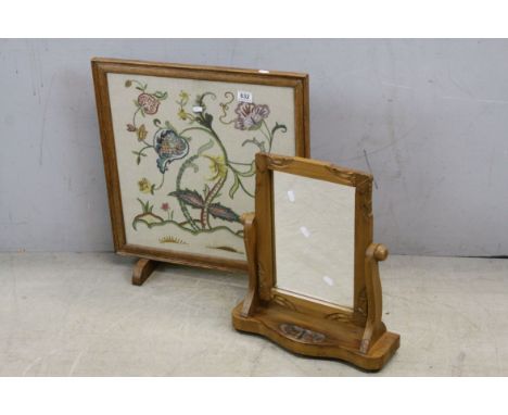 Small Pine Swing Mirror together with a Firescreen with Needlework Panel
