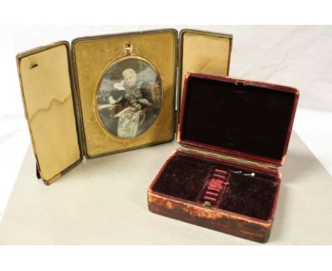 Small vintage leather covered Sewing box with a mix of Buttons &amp; Studs etc plus a Miniature hand painted Portrait of an E