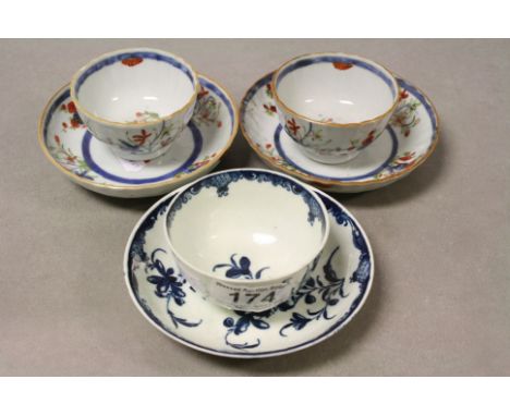 Two ceramic Oriental Tea bowls with saucers plus a first period blue &amp; white Worcester example with Floral design to bowl