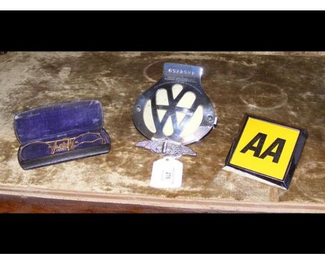 A vintage AA car badge, spectacles 