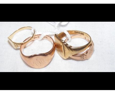 Four 9ct gold signet ringsCONDITION REPORTlarger yellow gold size Osmaller yellow gold size K/Llarger rose gold size 0smaller