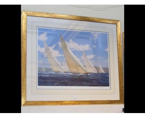 A STEVEN DEWS Limited Edition coloured print - 'Velsheda Wins The Start' - image size 21" x 28" - framed and glazed 