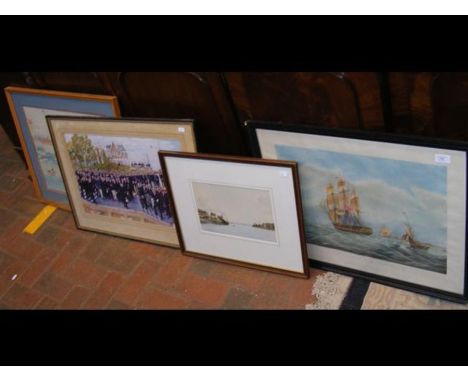 A watercolour of the entrance to Portsmouth Harbour, a print of the Royal Yacht Squadron, together with two other pictures