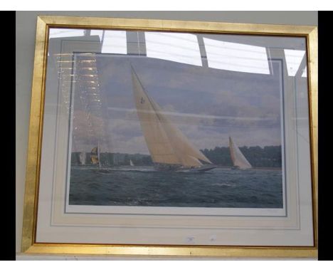 A STEVEN DEWS Limited Edition coloured print - 'Velsheda - Sail Trials on The Solent' - image size 22" x 30" - framed and gla