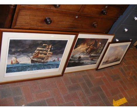 PETER LEATH - a print entitled 'Hove-To, Waiting to Drop Pilot' - framed and glazed, together with two other pictures 