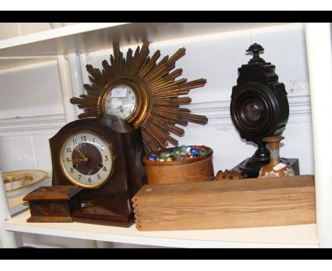 A Victorian wooden watch stand, various vintage coloured marbles, sunburst clock, etc. 