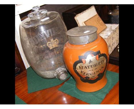 An old stoneware tobacco jar together with a Victorian Dunville's glass whiskey barrelCONDITION REPORTno visible cracks, a fe