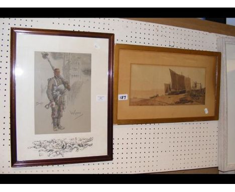 From the Swinburne collection - watercolour of boats in rest, together with a Snaffles print