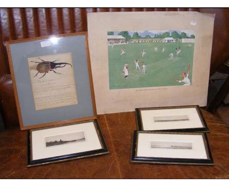 H M BATEMAN - a humorous cricketing print, together with three other pictures   